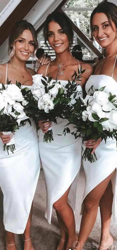 Simple Spaghetti Straps Side Slit Satin Tea Length White Bridesmaid Dresses Online, OT552