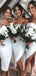 Simple Spaghetti Straps Side Slit Satin Tea Length White Bridesmaid Dresses Online, OT552