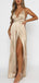 Simple Spaghetti Straps Deep V-neck Side Slit A-line Satin Bridesmaid Dresses Online, OT553