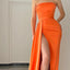 Simple Mermaid Side Slit Straight Neck Satin Orange Long Bridesmaid Dresses Online, OT613