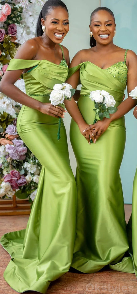 Elegant Off the Shoulder Spaghetti Strap Mermaid Satin Green Long Bridesmaid Dresses Online, OT559