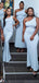 Elegant One Shoulder Mermaid Sky Blue Satin Long Bridesmaid Dresses Online, OT562