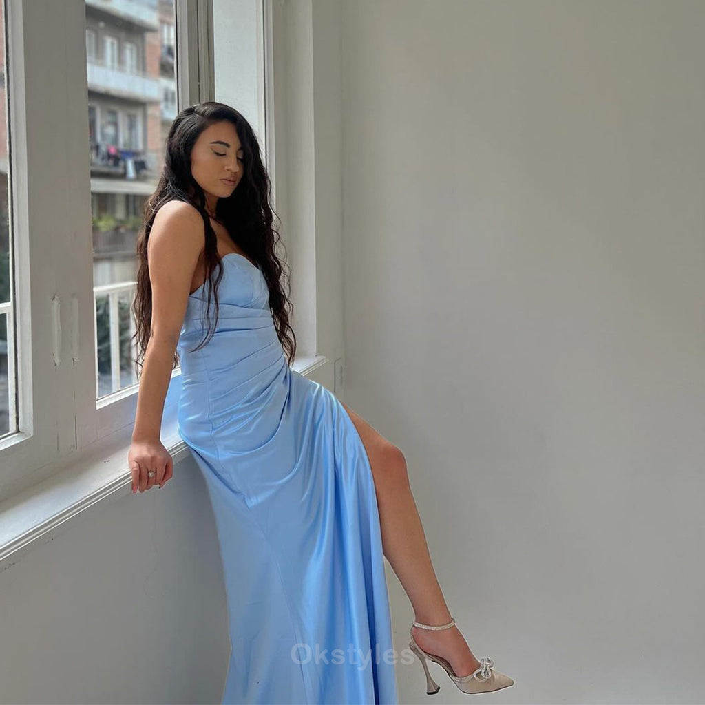 Simple Sweetheart Mermaid Side Slit Sky Blue Long Bridesmaid Dresses Onlline, OT489