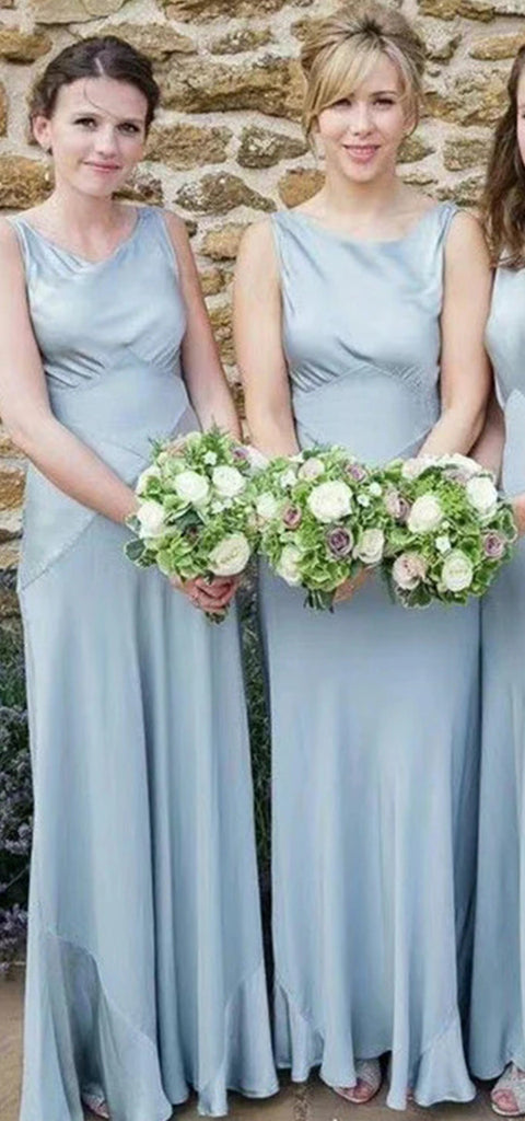 Simple Bateau Sleeveless Satin Long Blue Bridesmaid Dresses Online, OT604