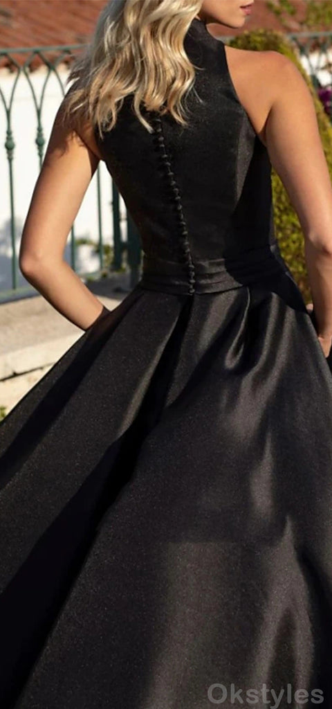 Gorgeous Halter A-line Sleeveless Black Satin Long Prom Dresses Online, OT244