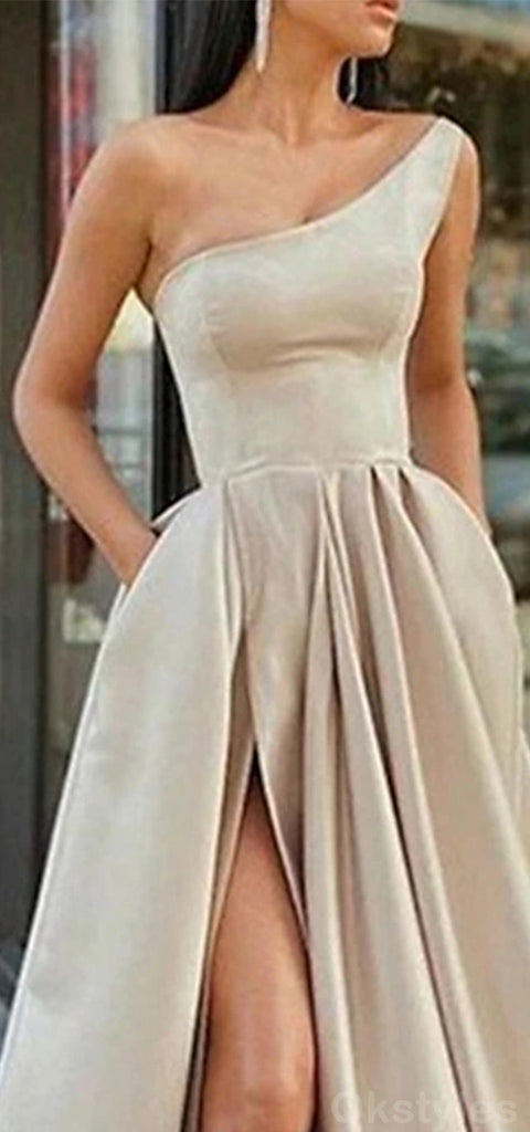 Elegant Champagne One Shoulder Sleeveless A-line Long Prom Dresses with Side Slit, OT252