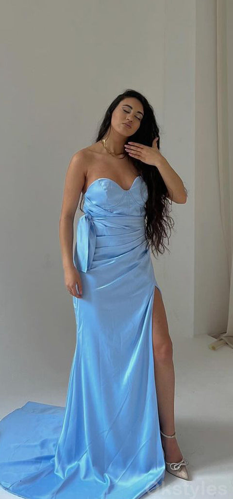 Simple Sweetheart Mermaid Side Slit Sky Blue Long Bridesmaid Dresses Onlline, OT489