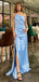 Elegant One Shoulder Mermaid Long Sky Blue Satin Long Bridesmaid Dresses Online, OT473