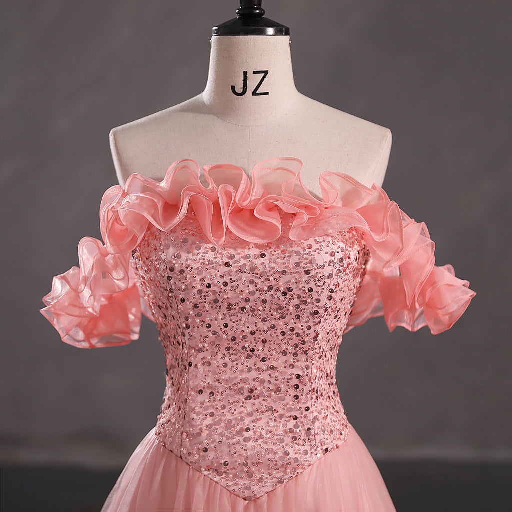 Pink Off Shoulder A-line Sequins Prom Dresses, OL284