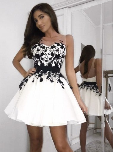 A-line Black Lace Appliques Sleeveless White Short Homecoming Dress, HD0403