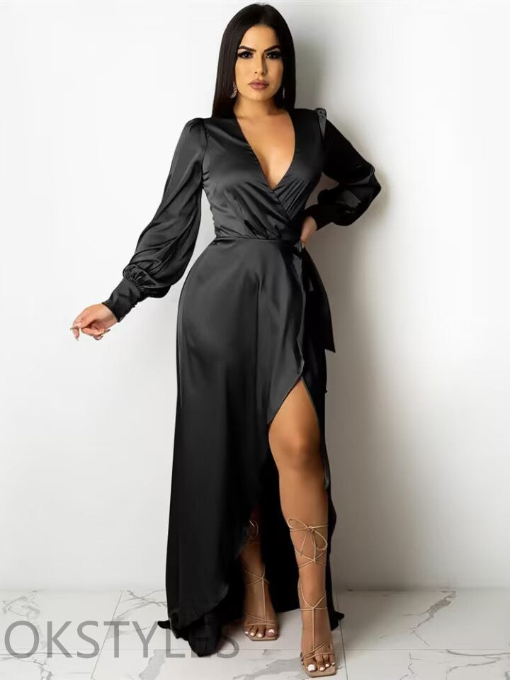 Sexy Black Satin Floor-Length Prom Dresses, OT022