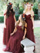 New Arrival Floor-length Burgundy Tulle Off the Shoulder Long Bridesmaid Dresses, BD0431